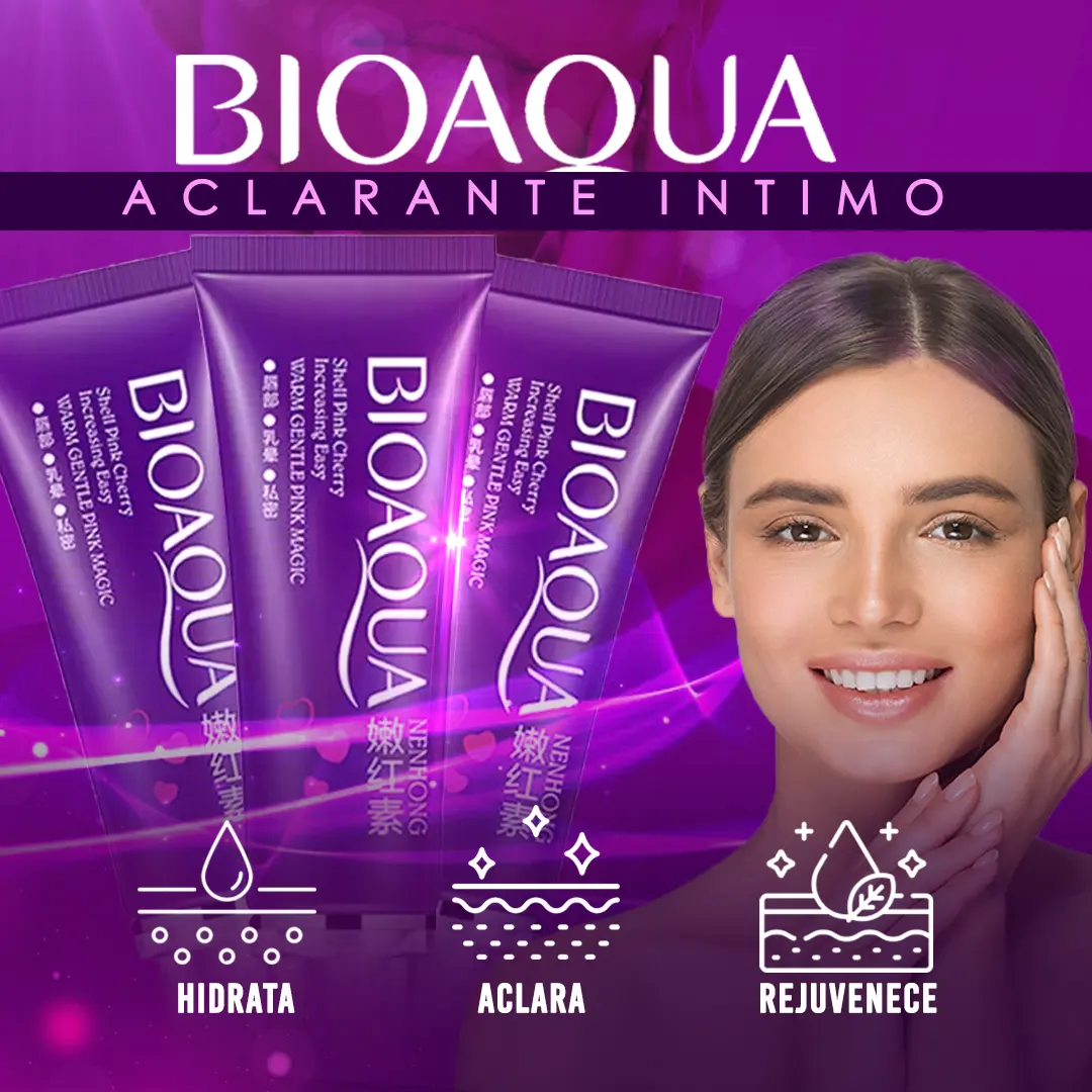Tres tubos morados de crema aclarante íntima Bioaqua colocados junto a una mujer sonriente, acompañados de iconos de hidratación, aclarado y rejuvenecimiento.