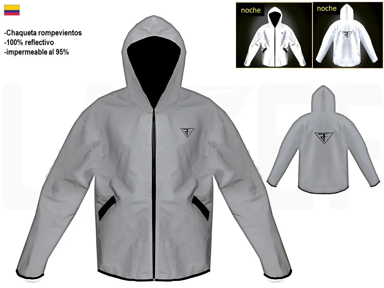 Chaqueta cortavientos gris reflectiva con capucha, cierre negro y bolsillos, vista frontal y trasera para motociclistas.