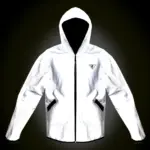 Chaqueta cortavientos 100% reflectiva blanca con capucha, cremallera y bolsillos negros. Vista frontal para alta visibilidad nocturna.