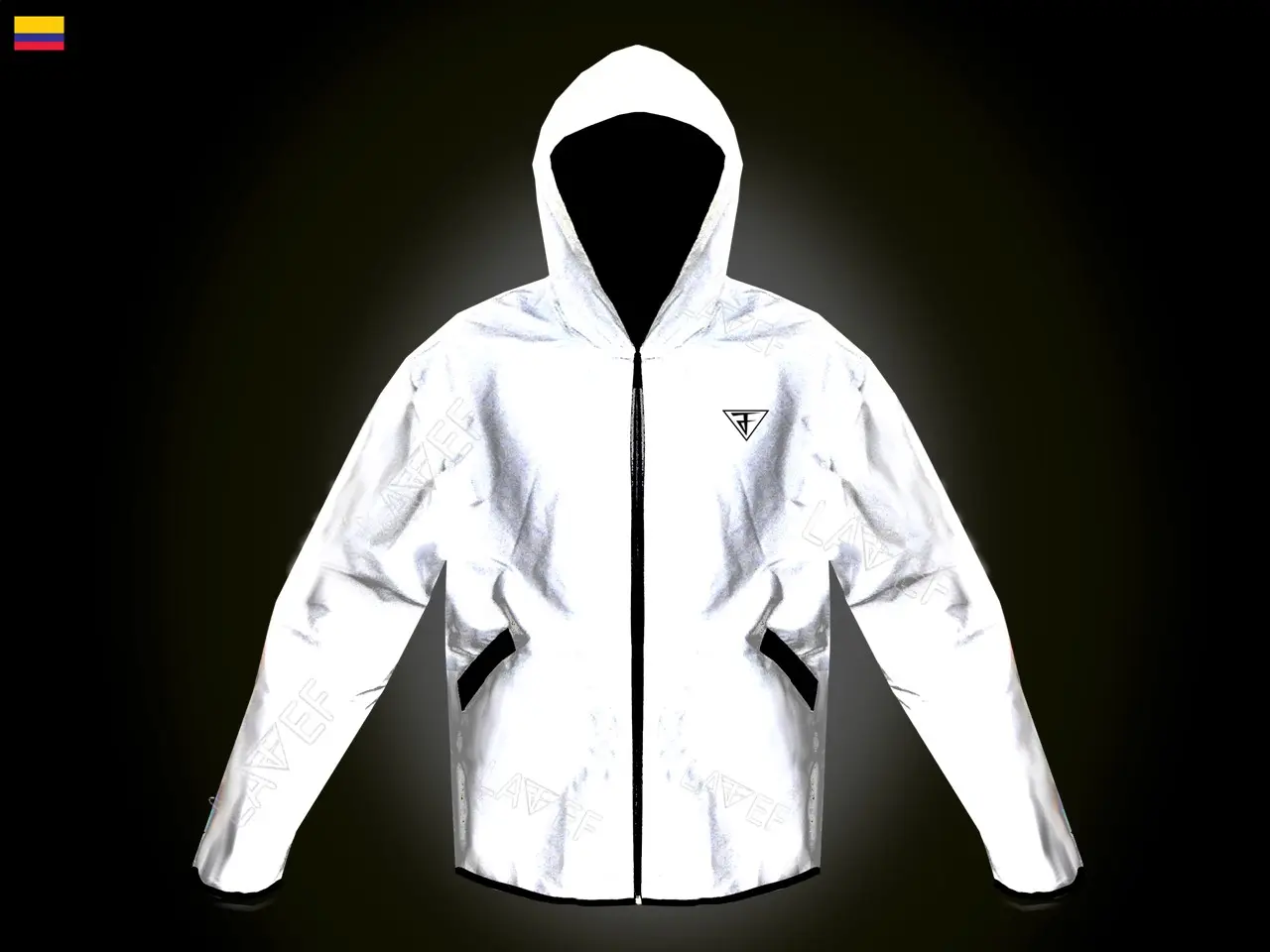 Chaqueta cortavientos 100% reflectiva blanca con capucha, cremallera y bolsillos negros. Vista frontal para alta visibilidad nocturna.