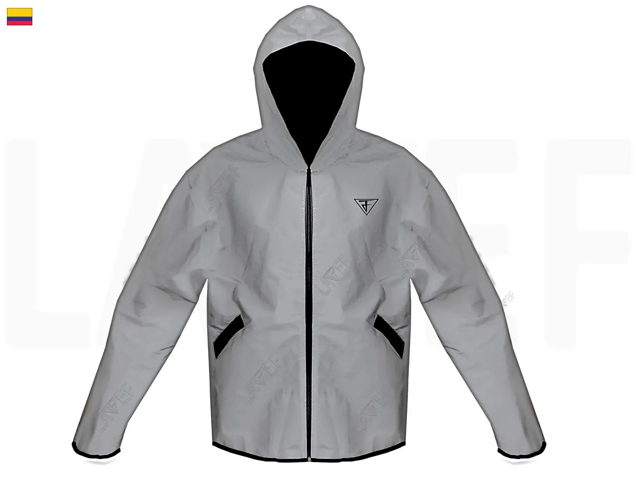 Chaqueta cortavientos gris reflectiva con capucha negra, cierre frontal completo y bolsillos laterales, ideal para motociclistas.