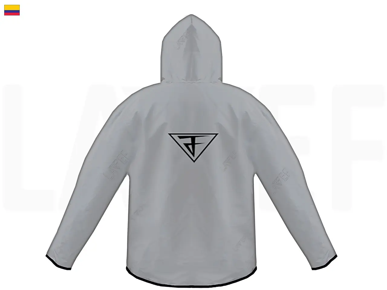 Chaqueta cortavientos reflectiva gris plata, vista posterior con capucha, mangas largas y logo negro triangular en la espalda.