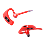 Audífono Bluetooth JBL E6S rojo con gancho de sujeción, micrófono de brazo y pantalla digital de batería, mostrado desde dos ángulos.