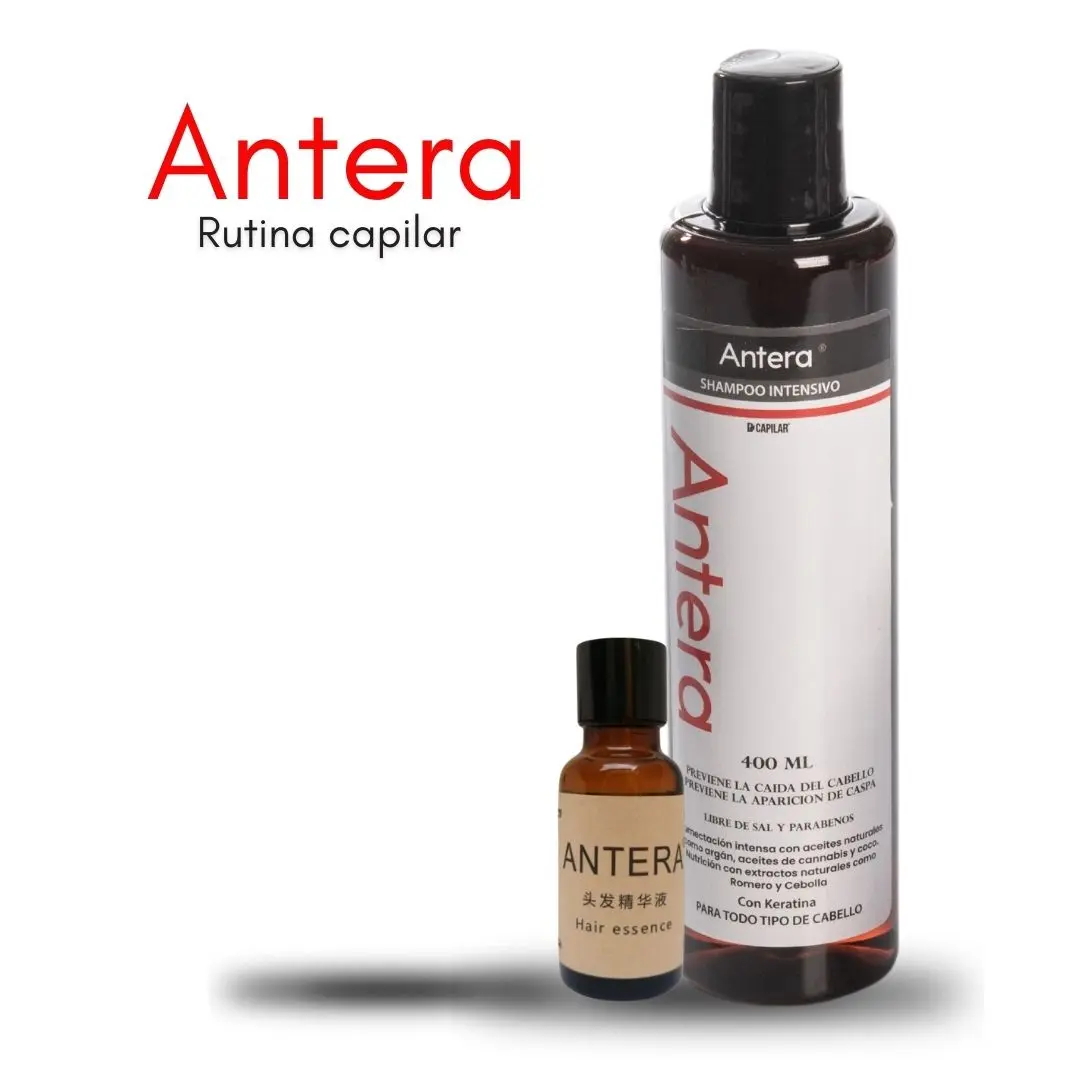 Shampoo intensivo de 400 ml con frasco oscuro y esencia capilar pequeña ANTERA dispuestas juntas sobre fondo blanco.