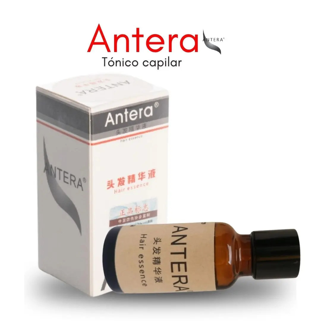 Frasco de vidrio ámbar de tónico capilar Antera junto a su caja blanca con detalles grises, rojos y texto en chino e inglés.