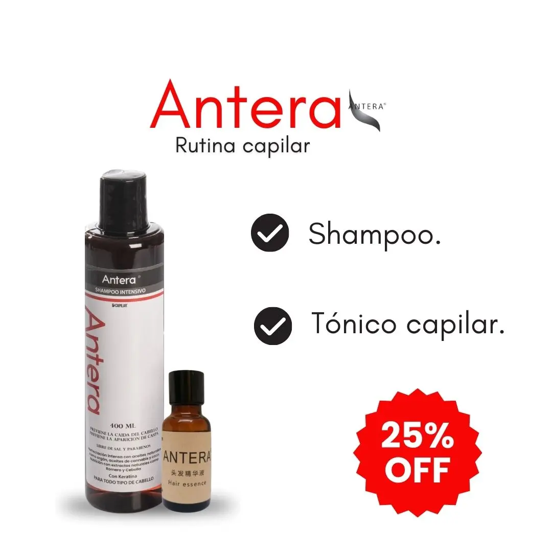 Kit capilar Antera anticaída con shampoo intensivo de 400 mililitros y frasco de tónico para el crecimiento.