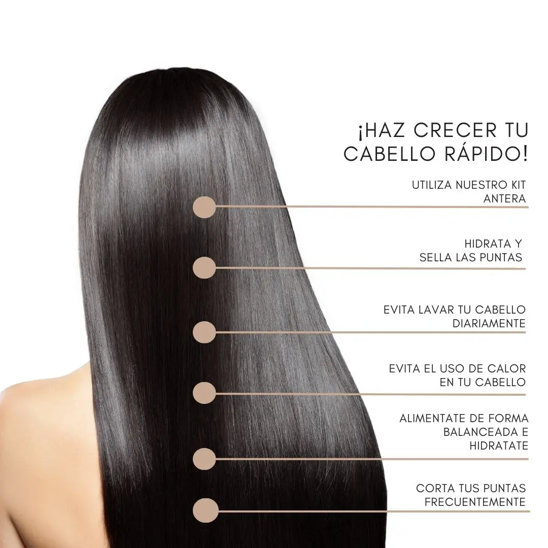 Mujer de espaldas con cabello largo, liso, oscuro y brillante, acompañado de un listado con seis consejos para acelerar el crecimiento capilar.