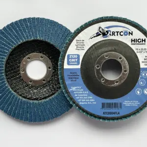 Set de dos discos flap de zircón grano 120 de 4 1/2 pulgadas, uno mostrando su cara abrasiva azul texturizada y el otro con etiqueta informativa en blanco y azul para acero inoxidable.