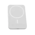 Batería portátil inalámbrica magnética MagSafe color blanco con diseño rectangular, círculo guía de carga y puerto inferior.