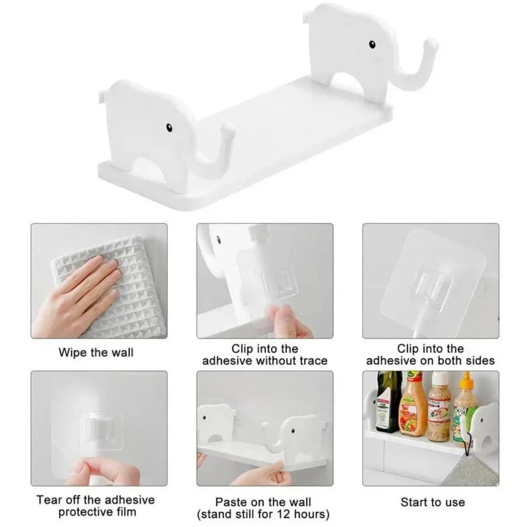 Estante blanco con diseño de elefantes y guía de instalación adhesiva paso a paso para organizar botellas sin necesidad de perforar la pared.