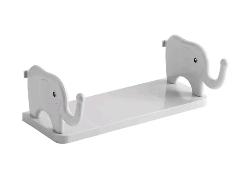 Estante de pared blanco en plástico ABS con diseño de dos elefantes en los extremos para organizar libros o accesorios.