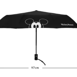 Sombrilla automática plegable negra de Mickey Mouse con diseño de orejas, 97 cm de diámetro, 55 cm de alto abierta y 28 cm plegada.