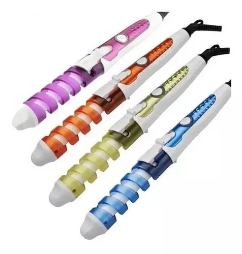 Cuatro rizadoras de cabello en espiral con mango blanco y tubos térmicos en colores morado, naranja, verde y azul con punta fría.