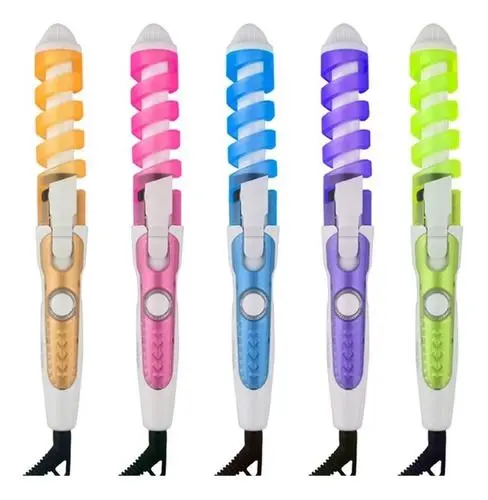 Cinco rizadoras de cabello en espiral con mango ergonómico blanco, en colores naranja, rosado, azul, morado y verde.