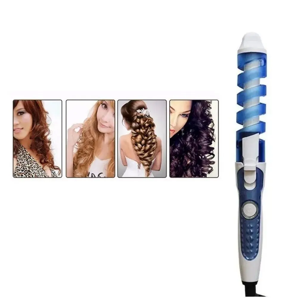 Rizadora de cabello azul y blanca con guía espiral protectora para ondas definidas, junto a cuatro modelos con rizos variados.