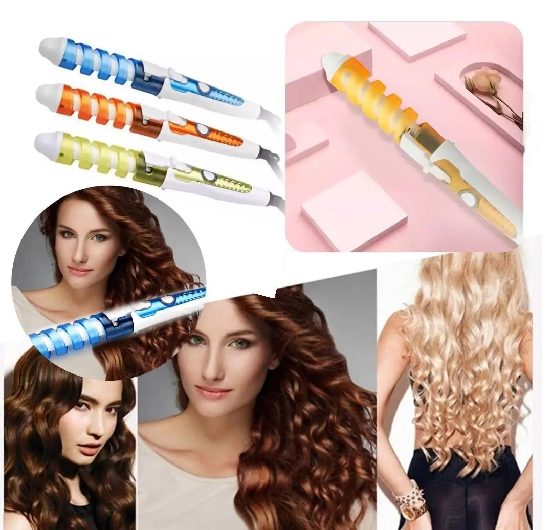 Rizadora para cabello con diseño en espiral y guías plásticas de colores, mostrada en varios tonos junto a modelos con rizos definidos.