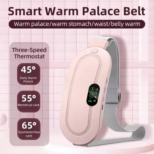 Banda térmica rosa para aliviar cólicos, con pantalla digital LED y tres niveles de temperatura, ajustable con correa gris.