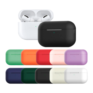 Funda de silicona antichoque para AirPods 3 disponible en múltiples colores como verde, naranja, rojo, lila, negro y blanco.