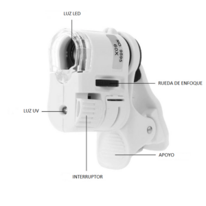 Lupa blanca de 60X para celular con luz LED y UV. Incluye rueda de enfoque, interruptor, luz UV y base de apoyo en vista lateral.