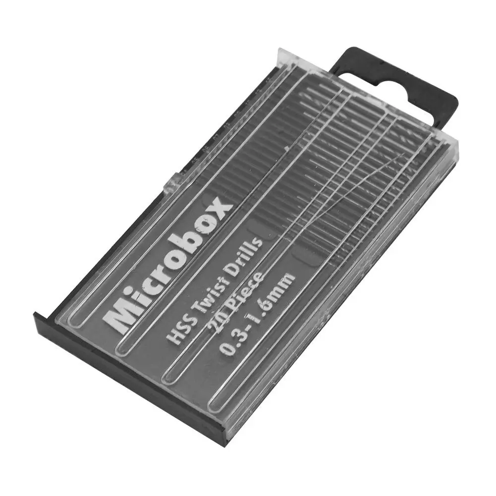 Estuche plástico transparente y negro con set de 20 micro brocas helicoidales de alta velocidad HSS, medidas de 0.3 a 1.6 mm.