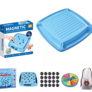 Juego de mesa estratégico magnético azul con tablero en cuadrícula, 20 fichas esféricas negras, ruleta de penalización y bolsa de almacenamiento.