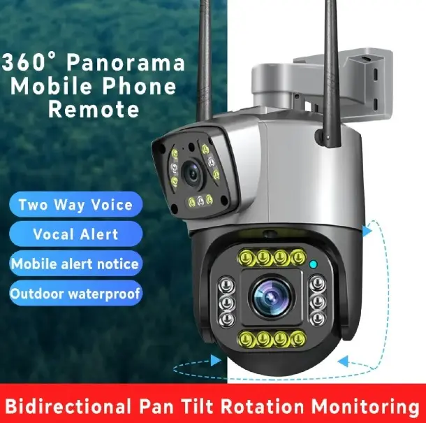 Cámara de seguridad exterior gris con doble lente PTZ, antenas duales, luces LED y rotación de 360 grados para monitoreo móvil.