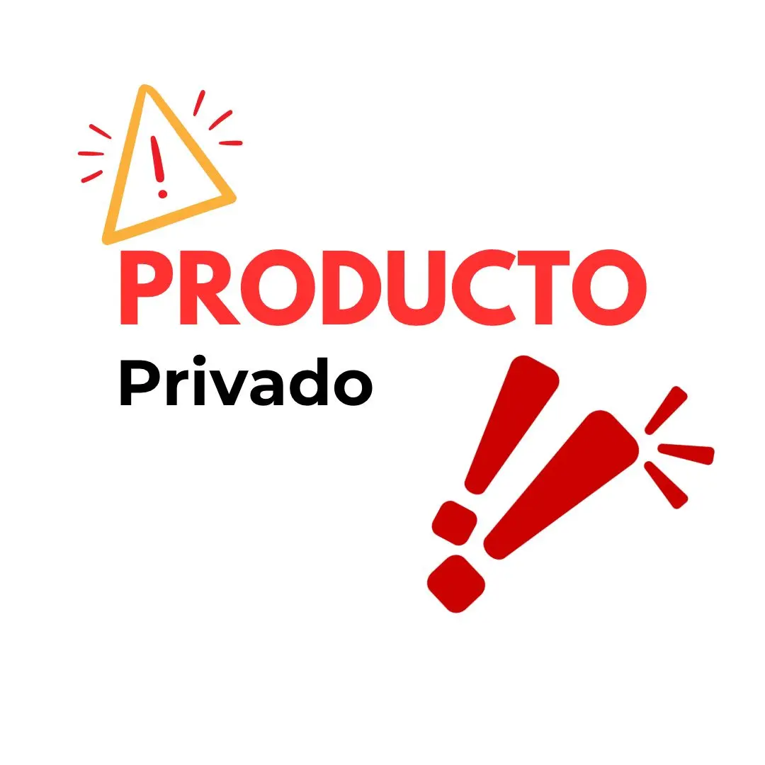 Aviso de producto privado con texto en rojo y negro y símbolos de advertencia amarillos y rojos sobre fondo blanco.