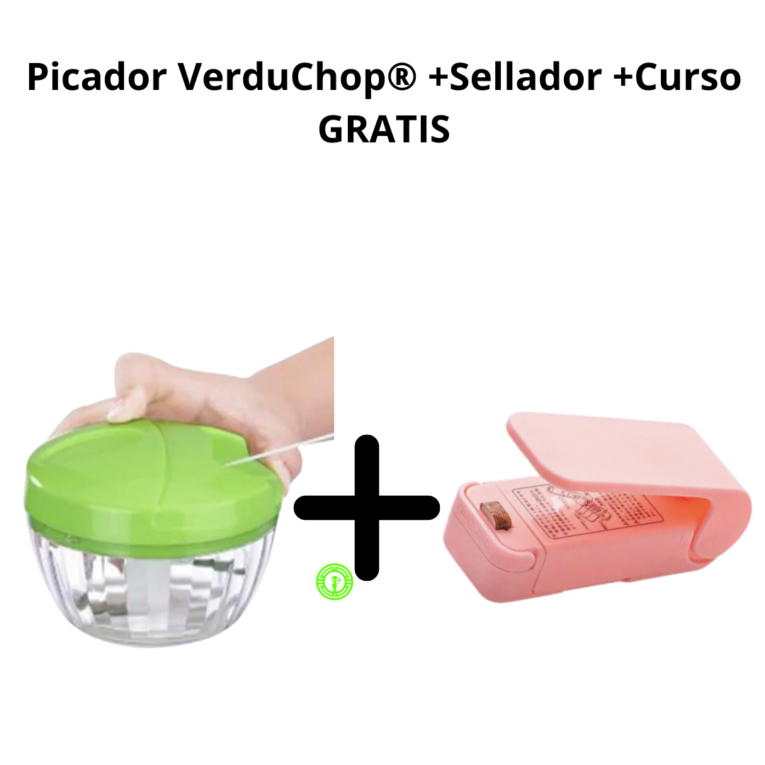 Picador manual de verduras con tapa verde y recipiente transparente más un sellador de bolsas portátil color rosa.