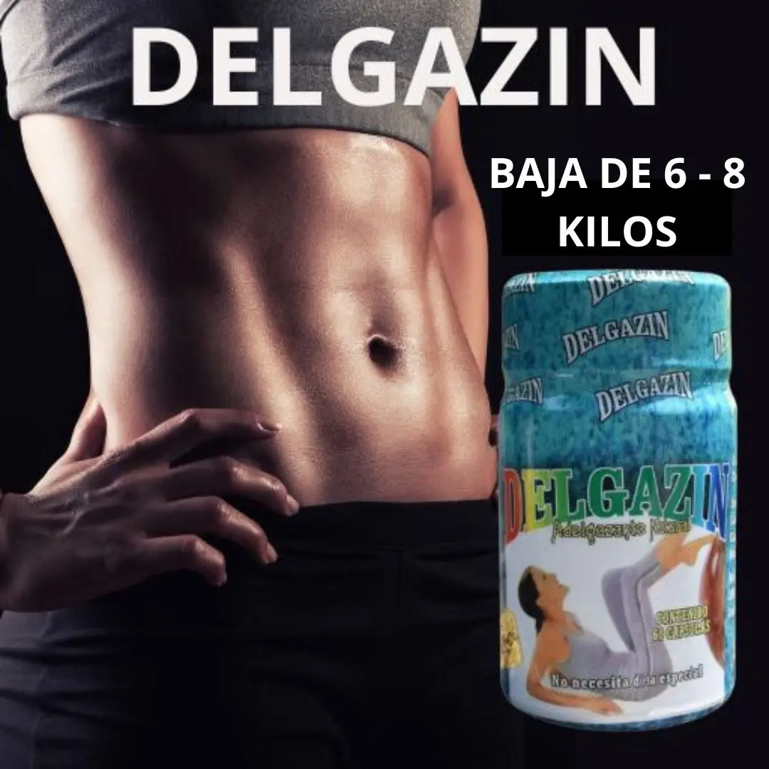 Frasco azul de cápsulas naturales Delgazin para bajar 6 a 8 kilos, junto a torso tonificado de mujer.