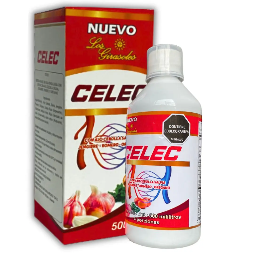 Frasco blanco de jarabe Celec de 500 ml con tapa dosificadora, junto a su caja roja y blanca con imágenes de ajo, cebolla y sistema circulatorio.