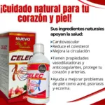 Jarabe Celec de 500 mililitros en botella plástica blanca junto a su caja roja, suplemento natural para salud cardiovascular y de la piel.