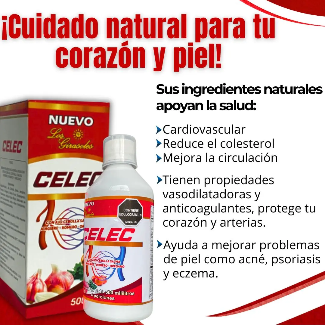 Jarabe Celec de 500 mililitros en botella plástica blanca junto a su caja roja, suplemento natural para salud cardiovascular y de la piel.