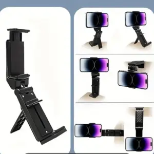 Soporte negro de plástico para celular con diseño plegable y ajustable, mostrado en varias posiciones de uso en superficies y bordes.