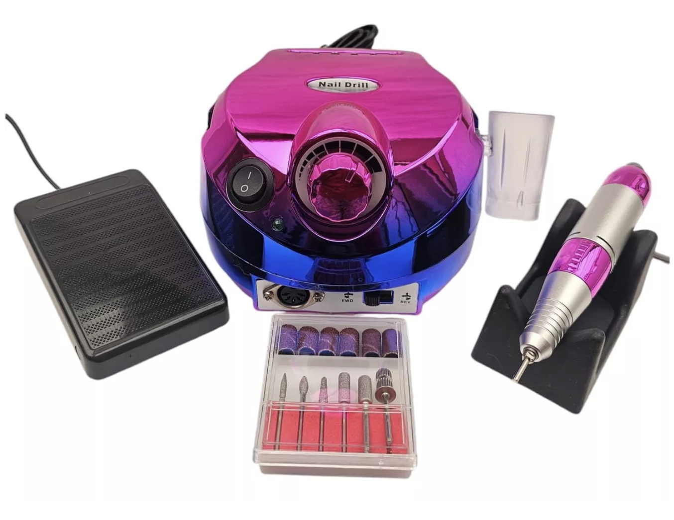 Torno pulidor de uñas profesional DM202 fucsia tornasol con pedal negro, pieza de mano en soporte, vaso plástico y estuche con brocas y cilindros abrasivos.