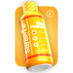 Botella cilíndrica de suplemento líquido de 500 ml en tono amarillo y naranja, con diseño inclinado y tapa dorada.