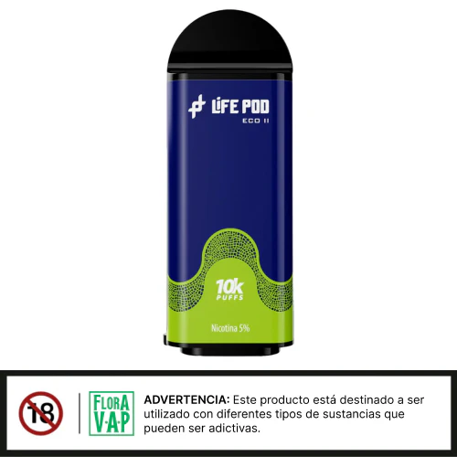 Cartucho de reemplazo azul y verde para vapeador Lifepod 10000 Puffs con boquilla negra y advertencia de nicotina 5%