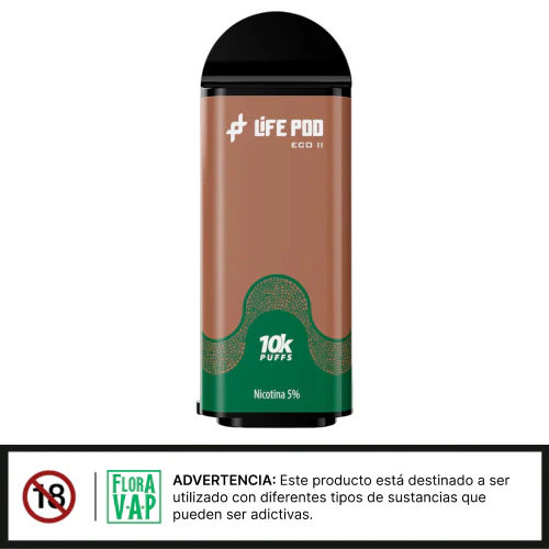 Cartucho de repuesto marrón y verde para vapeador con boquilla negra, indicador de 10k puffs y 5% de nicotina.