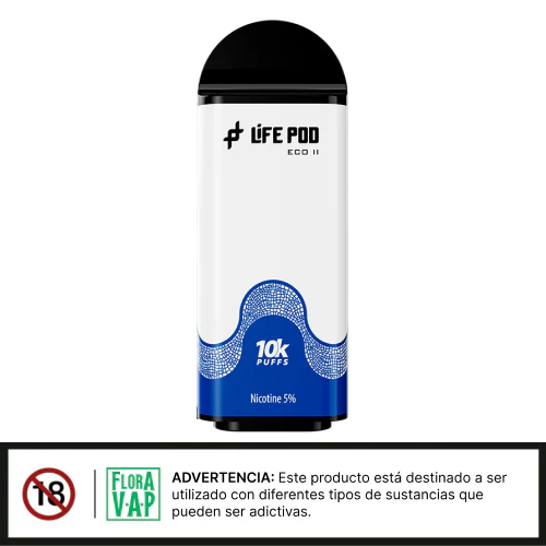 Cartucho desechable blanco y azul Lifepod Eco II de 10k puffs con boquilla negra y advertencia legal inferior.