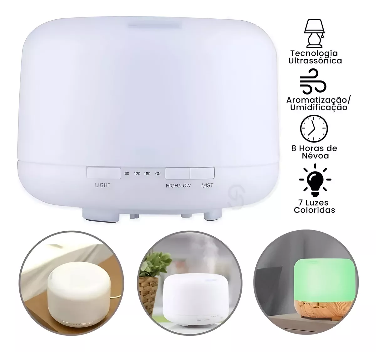 Difusor de aromas ultrasónico blanco de 500 ml con botones de control, luz LED ambiental y iconos de funciones y temporizador.