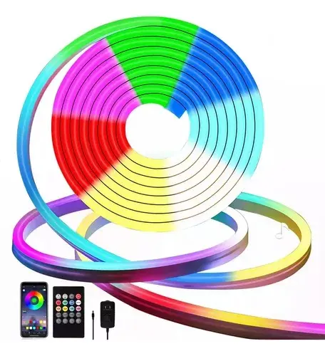 Tira de luz LED RGB neón flexible de 5 metros enrollada con control remoto, adaptador de corriente y aplicación móvil para cambio de color.