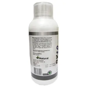 Envase plástico blanco de jarabe para articulaciones con etiqueta informativa, tapa transparente y sello de endulzado con stevia, vista de perfil.