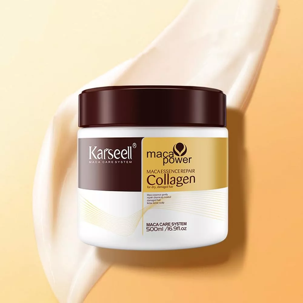 Mascarilla capilar Karseell Maca Power Collagen en tarro blanco de 500 ml con tapa marrón sobre fondo amarillo con textura de crema.