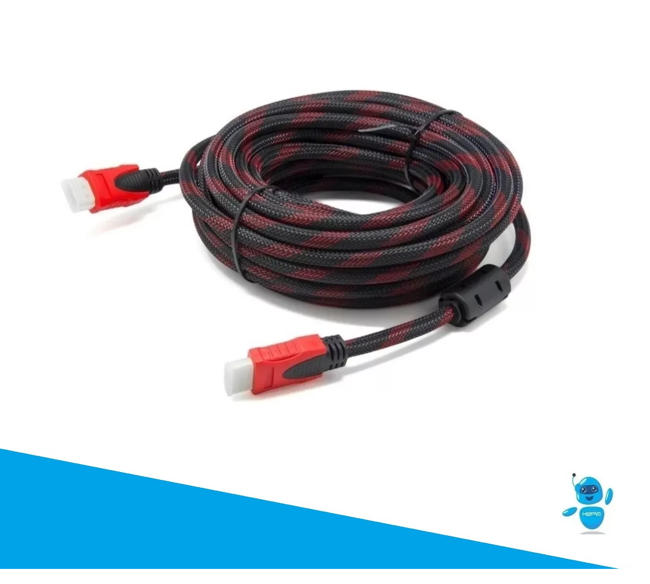 Cable HDMI de 10 metros con malla trenzada roja y negra, conectores rojos y núcleo de ferrita para alta definición.