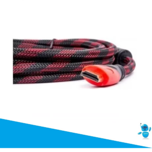 Cable HDMI mallado en rojo y negro de alta definición con conector reforzado y protector plástico.