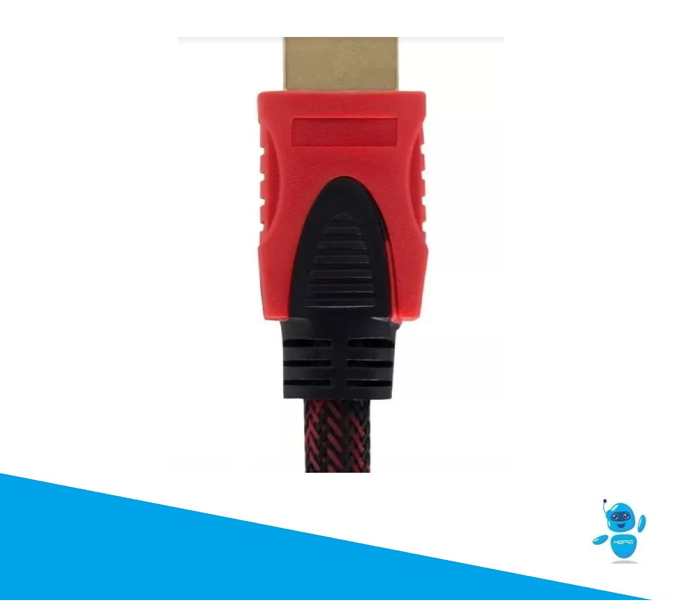 Cable HDMI trenzado rojo y negro con conector metálico dorado y carcasa ergonómica de plástico.