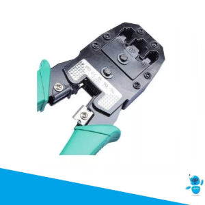Pinza ponchadora profesional para cables RJ45 y RJ11 con mangos verdes de goma, mecanismo de trinquete y cortador integrado.