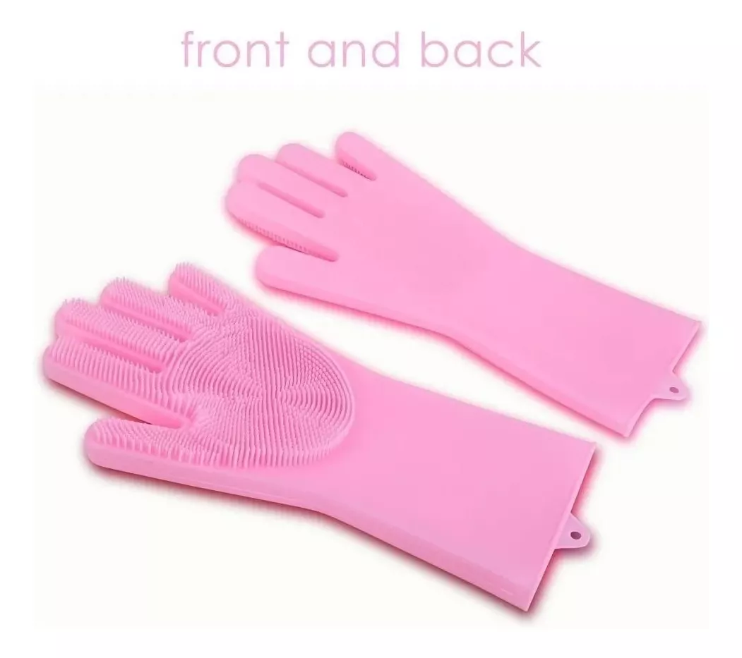 Par de guantes de silicona rosados para limpieza, uno muestra la palma con cerdas integradas y el otro el dorso liso, con orificio para colgar.