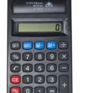 Calculadora electrónica de escritorio negra con pantalla digital, 4 filas de teclas numéricas y operativas, y panel solar superior.