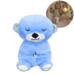 Peluche respiratorio azul con ojos cerrados, detalles bordados en el hocico y patas con textura verde, acompañado de una de bebé durmiendo.