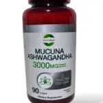 Frasco ámbar de suplemento dietario Mucuna Ashwagandha de 3000 mg con etiqueta blanca y verde, contiene 90 cápsulas blandas.